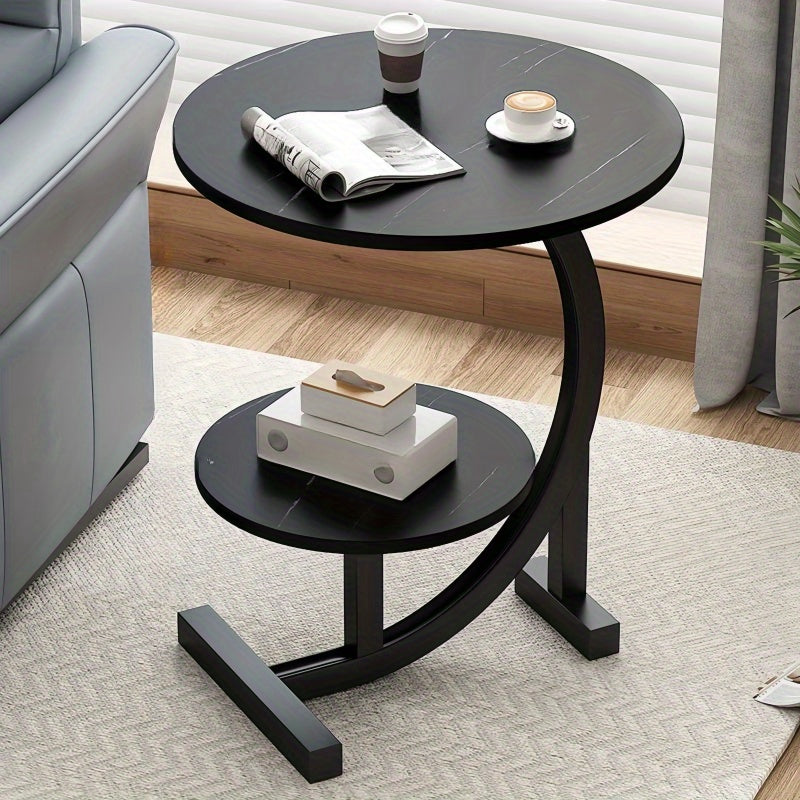 Solid Wood Round Coffee Table – Modern Double-Layer Sofa Side Table for Living Room Bedroom Balcony, Lightweight Luxury Design, White & Black