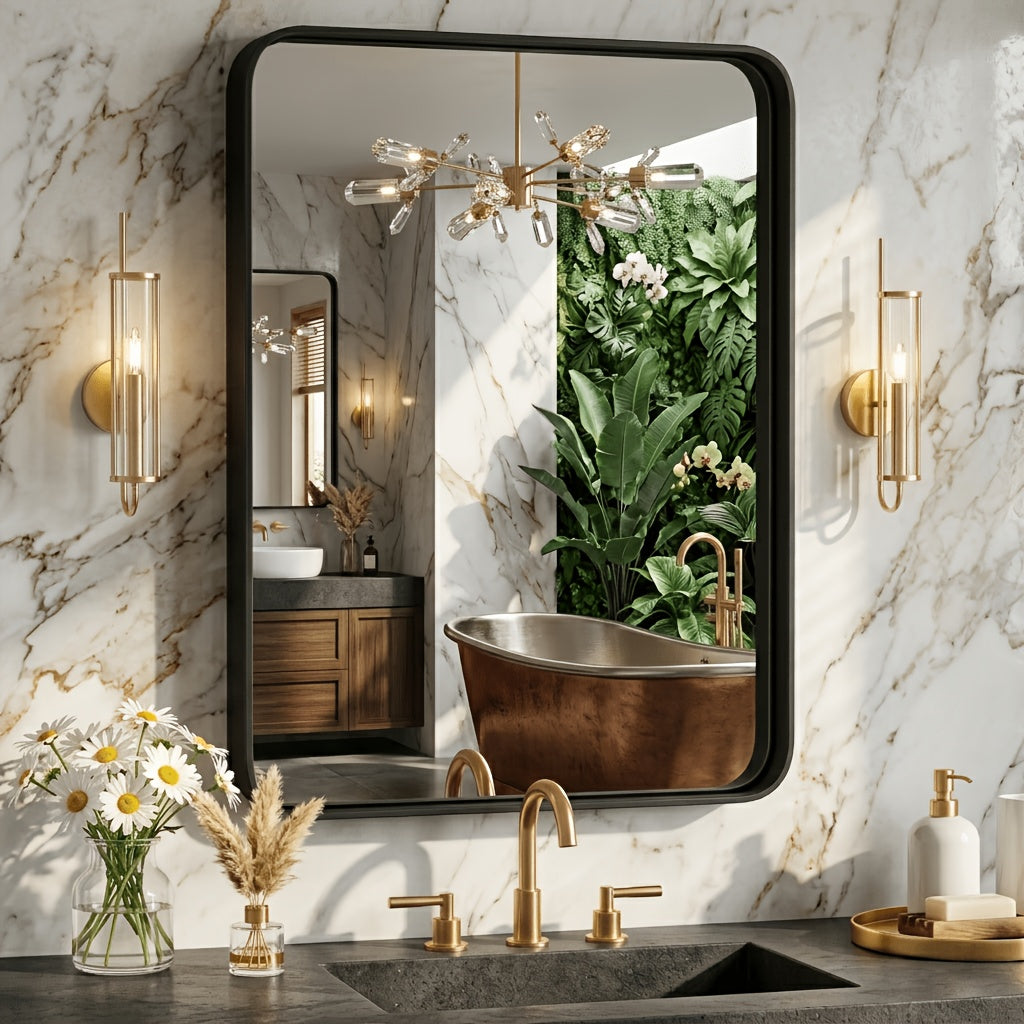 Metal Framed Rounded Rectangle Wall Mirror for Bathroom – Over Sink, Horizontal or Vertical Hanging, Modern Farmhouse Decor, Matte Black, Gold & Silver, Multiple Sizes 16x20 to 36x48 In
