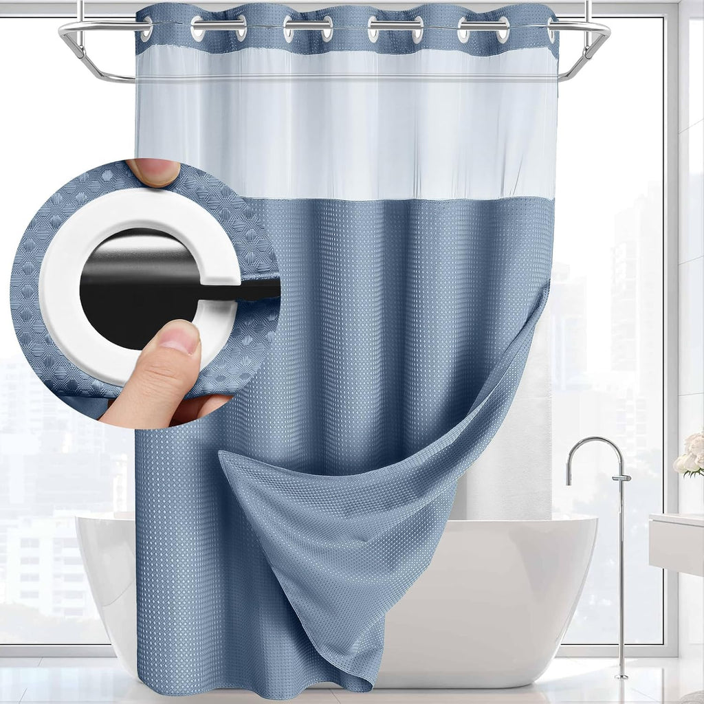 Hookless Waffle Shower Curtain Liner Set with Snap-In Liner Double Layer Window Panel – 6ft x 74.8 Inch Easy-Clean Polyester Bathroom Curtain for Home & Hotel