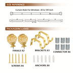 Adjustable Curtain Rod Crystal & Gold Single Decorative Rod for Windows 28 to 122 Inch – Spliced Extension Design, 8 Size Options