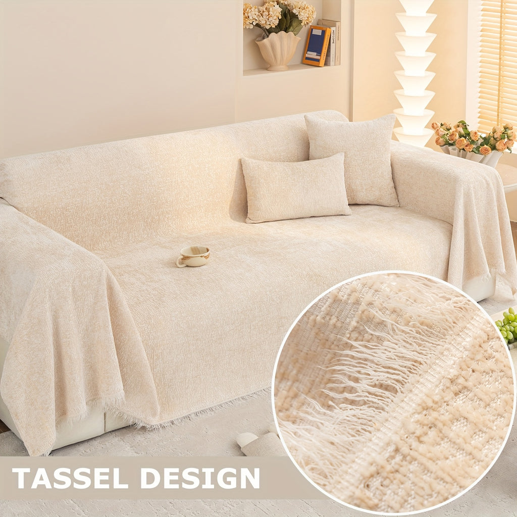 Chenille Fringe Couch Protector Slipcover – Super Soft Pet-Friendly Solid Sofa Cover for 2 3 4 Seater, Living Room Decoration, Cream White Green Grey Orange
