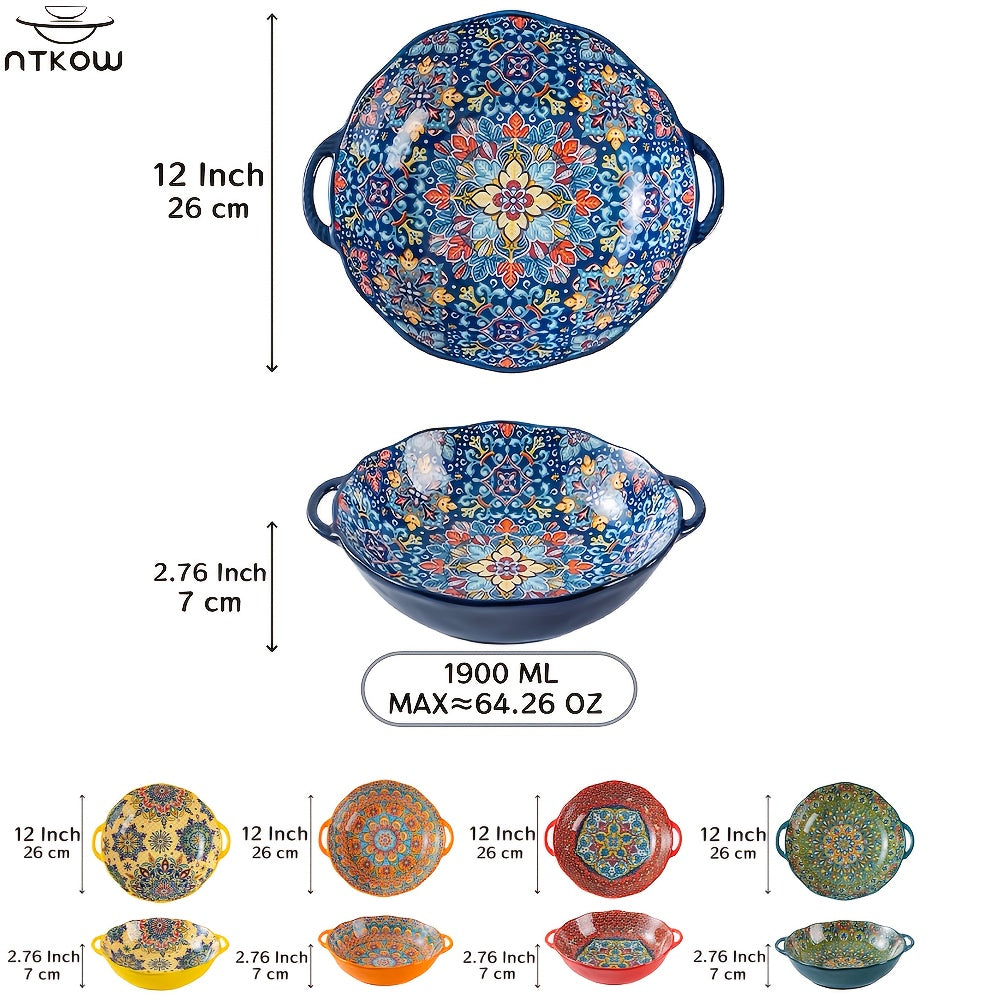 Bohemian Ceramic Salad Bowl 12 Inch with Dual Handles Large Capacity Microwave Safe Dishwasher Safe Oven Proof Porcelain Serving Bowl