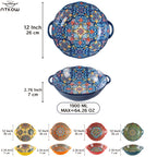 Bohemian Ceramic Salad Bowl 12 Inch with Dual Handles Large Capacity Microwave Safe Dishwasher Safe Oven Proof Porcelain Serving Bowl