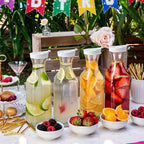 50oz Clear Plastic Water Carafe with Flip-Top Lid, Set of 4 – Square Base Juice Pitcher for Water, Iced Tea, Cold Brew & Mimosa Bar (Hand Wash Only)