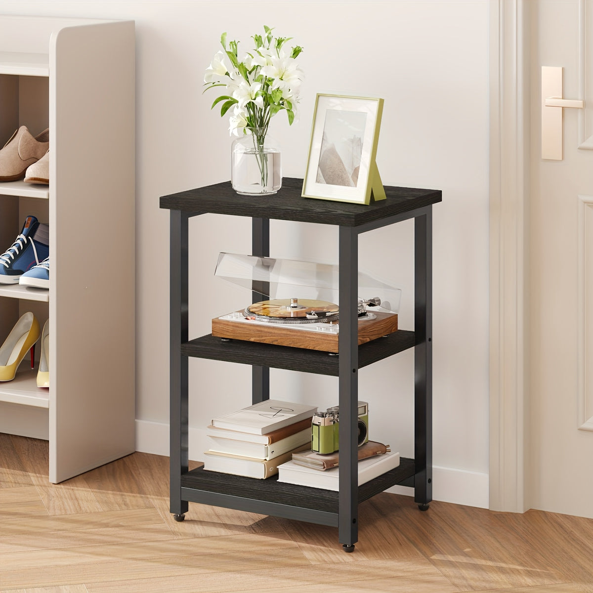 3-Tier Nightstand Side Table – Heavy Duty Steel Frame End Table for Bedroom Living Room Office Bathroom, Classic Black, 13.4"x11.8"x22.8"
