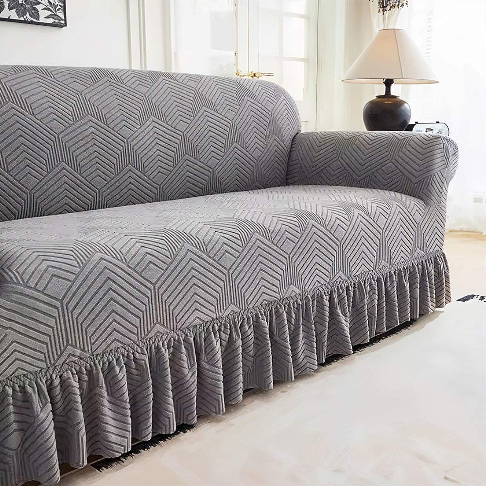 Jacquard Fleece Sofa Slipcover with Ruffle Skirt High Stretch Full Coverage Non-Slip Machine Washable Pet-Friendly Couch Cover 1 2 3 4 Seater Living Room Bedroom Office Grey