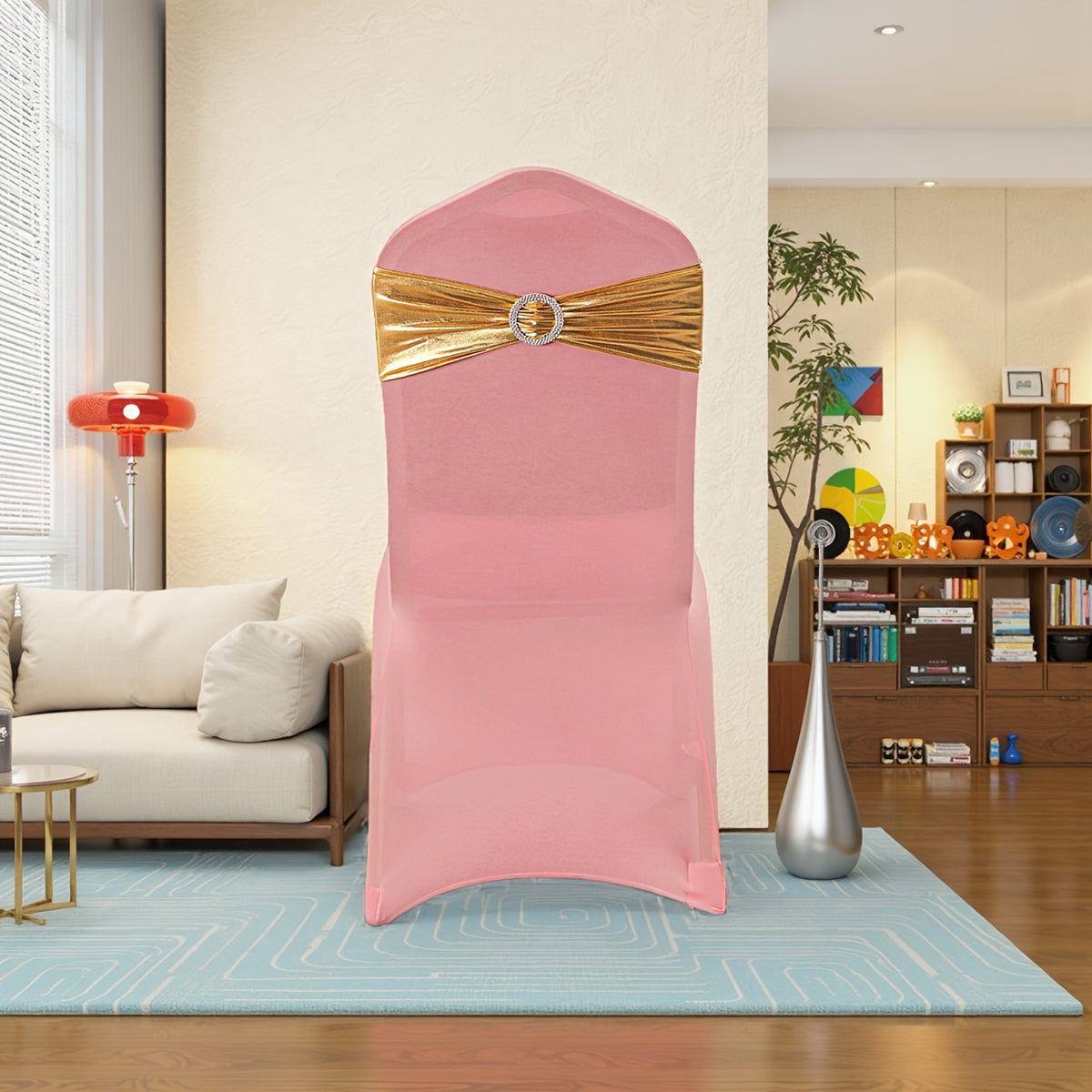 Metallic Spandex Chair Sashes Bow Bands 100pcs – Sparkle Lycra Stretch Chair Ties with Buckle for Wedding, Banquet & Party Decor | Gold, Silver, Rose Gold