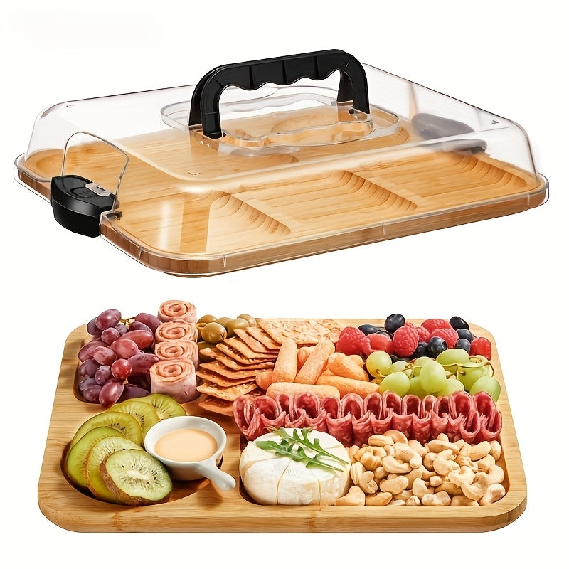 Bamboo Charcuterie Board Cheese Tray with Transparent Acrylic Snap-On Lid 8 Compartment Portable Serving Platter for Parties Camping Holidays