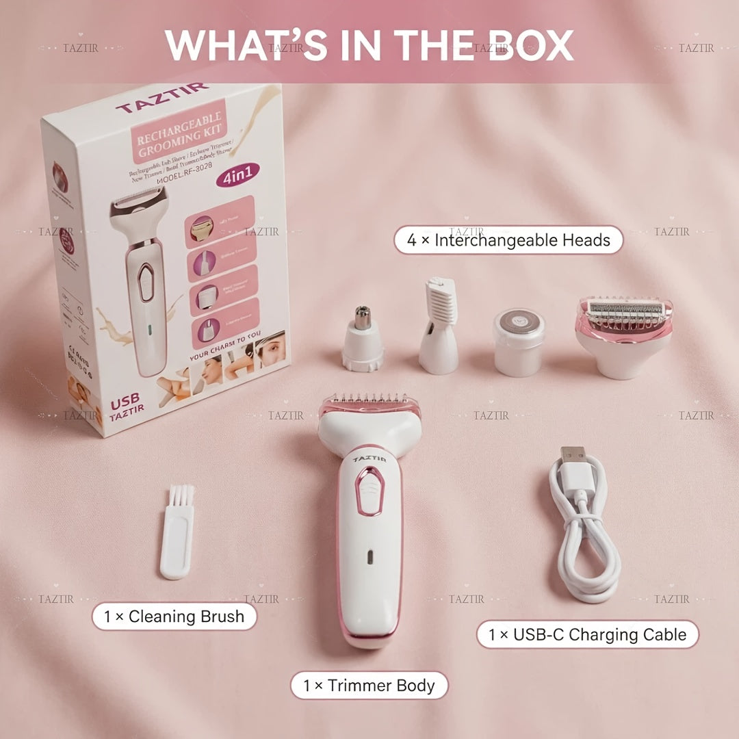 4-in-1 Electric Shaver for Women Rechargeable Grooming Kit Wet Dry Painless Lady Razor for Face Nose Legs Underarm Bikini Trimmer Luxury Gift Set