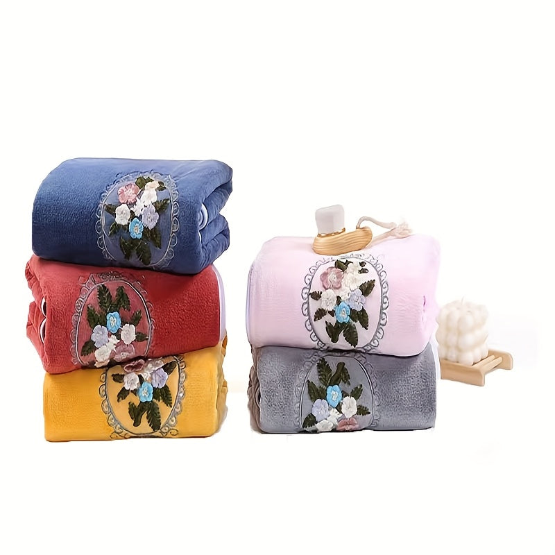 Embroidered Flower Towel Set 3 Piece – Soft Absorbent Bath Towel & 2 Face Towels – Skin-Friendly Polyester Blend, Home & Beach Use, White, Blue, Pink, Gray