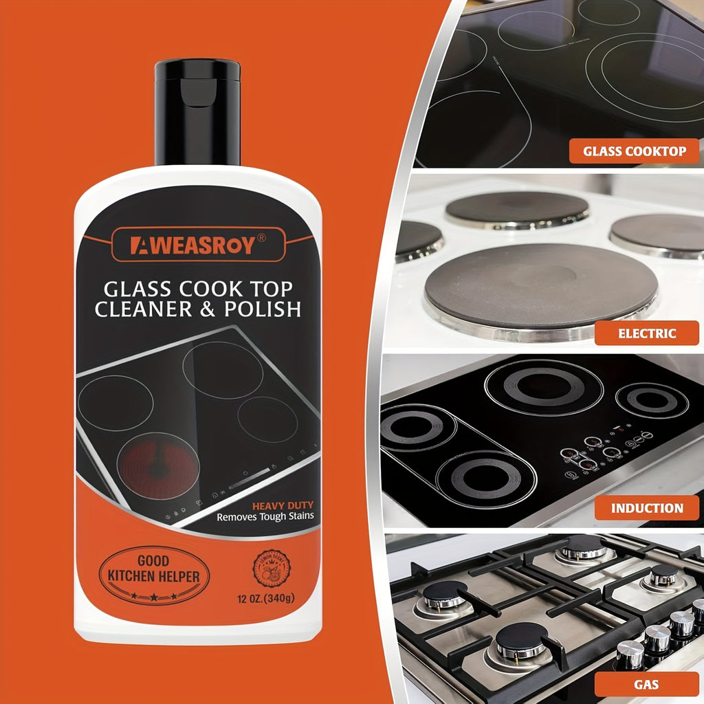 Glass Stove Top Cleaner Kit, 12oz Non-Abrasive Cooktop Cleaner & Polish – No-Scratch Formula, Removes Tough Stains, with Scrubbing Pad, Scraper & Cloth