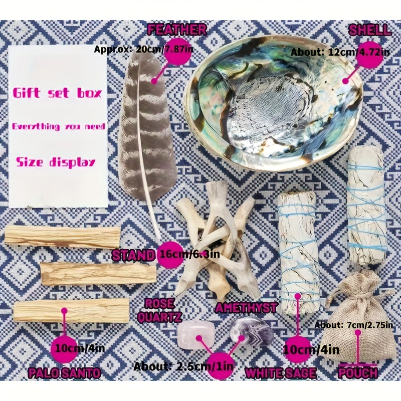 Sage Smudge Kit 11 Pieces White Sage Palo Santo Abalone Shell Crystal Stones – Home Cleansing Gift Set for Christmas Thanksgiving Spiritual Decor