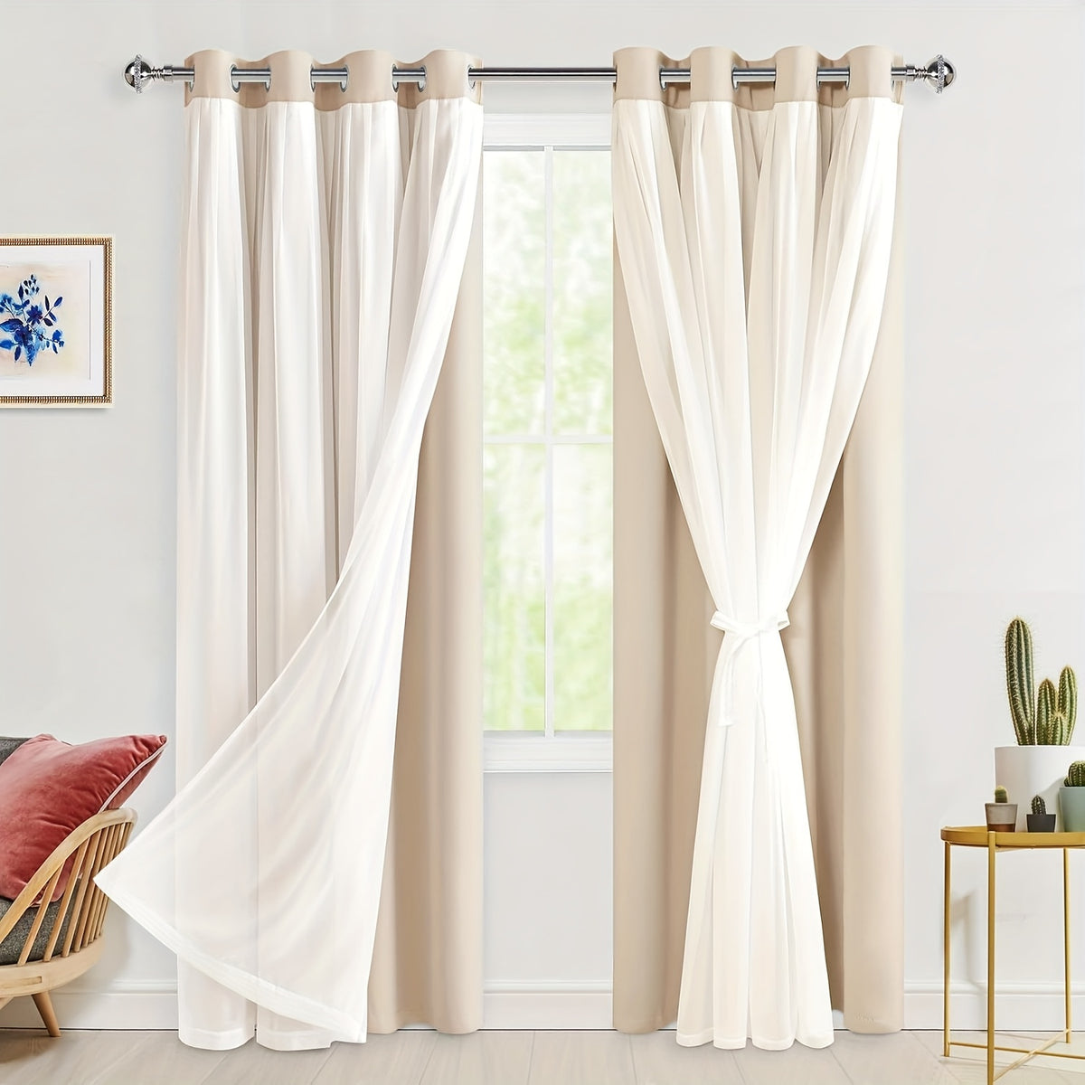 Double Layer Blackout Curtains with Sheer Overlay 2 Panels - Grommet Top Thermal Insulated Mix & Match Window Drapes with Tiebacks for Bedroom Living Room, All Season