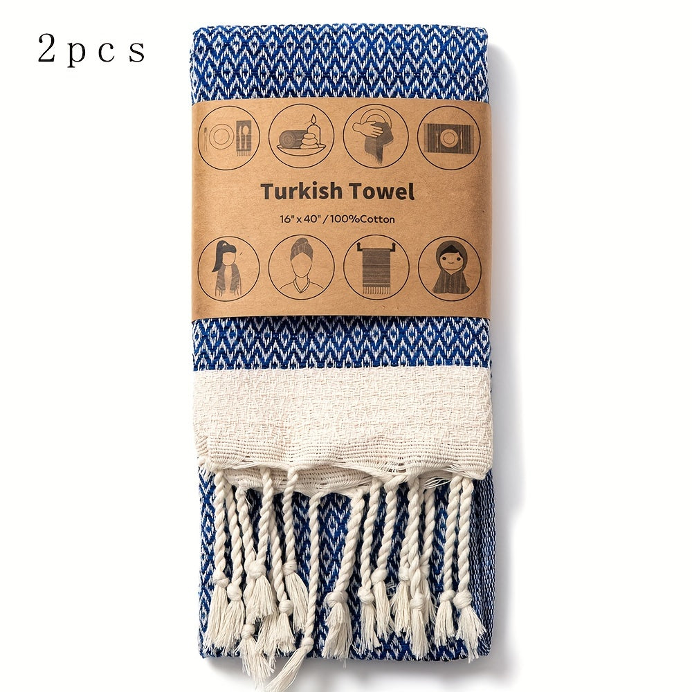 Turkish Cotton Tassel Hand Towels 2-Pack – Diamond Lattice Scandinavian Design, Soft Decorative Towels for Bathroom, Kitchen & Yoga | 7 Colors