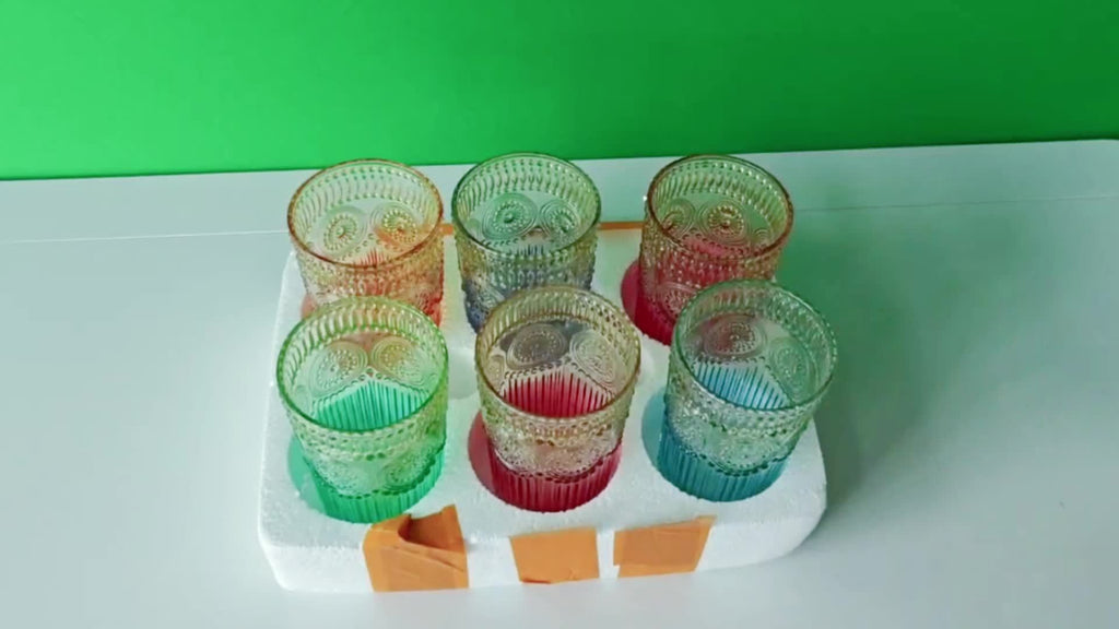 Retro Colored Whiskey Glasses Set of 6 – 14oz Embossed Colorful Tumblers for Whiskey, Cocktails, Juice, Water & Beer – Vintage Muted Glass Drinkware