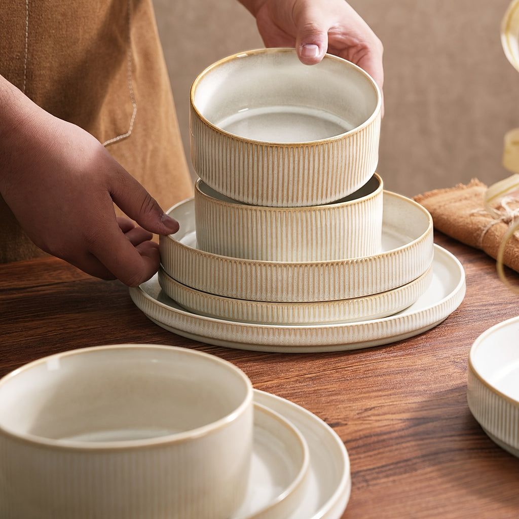 12-Piece Stoneware Dinnerware Set for 4 – Reactive Glaze Plates & Bowls, Lead-Free, Microwave & Dishwasher Safe, Raised Stripe Edge Design (Cappuccino White or Vanilla White)