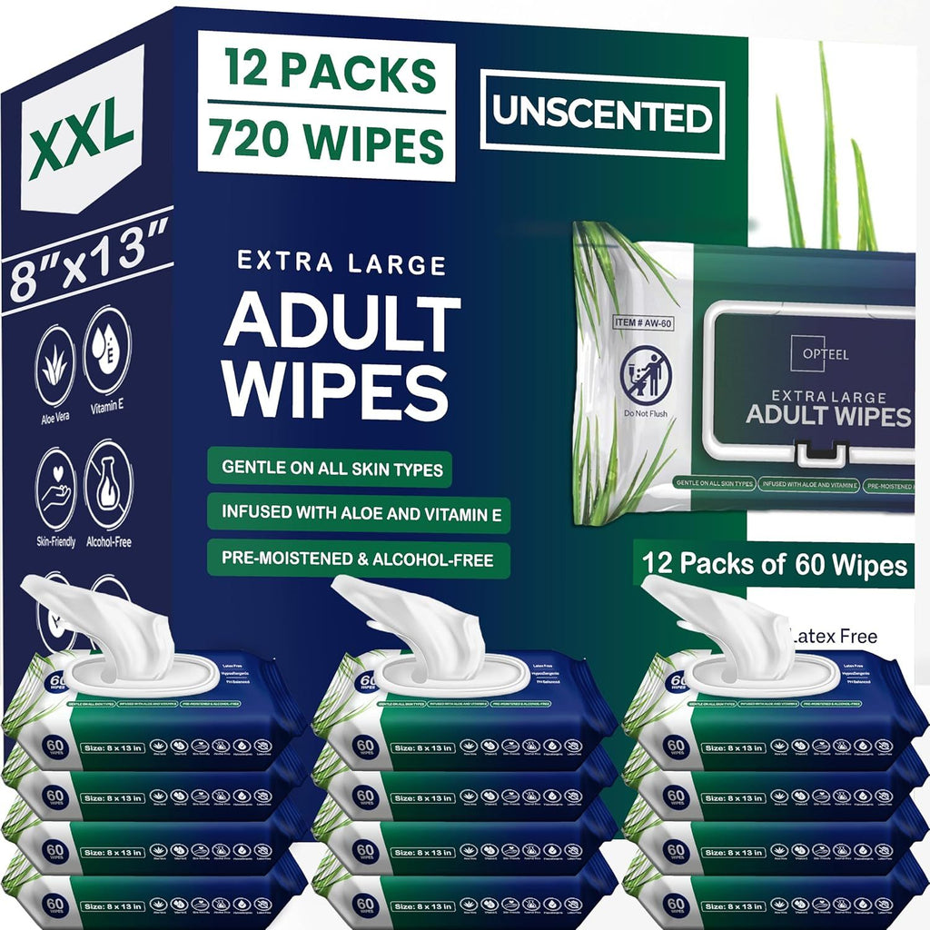 Extra Large Adult Wet Wipes 8"x13" Unscented – Aloe & Vitamin E, Alcohol-Free Bathing Wipes for Seniors & Incontinence Care – 240ct / 720ct