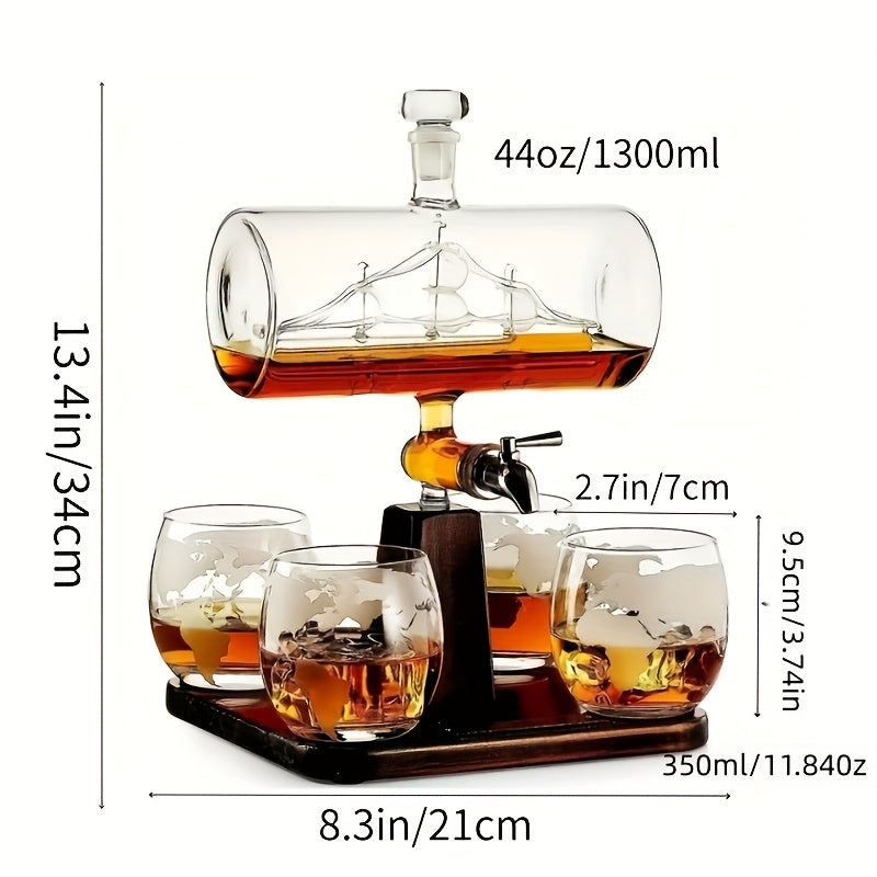 Whiskey Decanter Set with Glasses and Wooden Stand Globe Decanter Ball or Sailboat Design Gift for Whiskey Lovers Birthdays Weddings Anniversaries