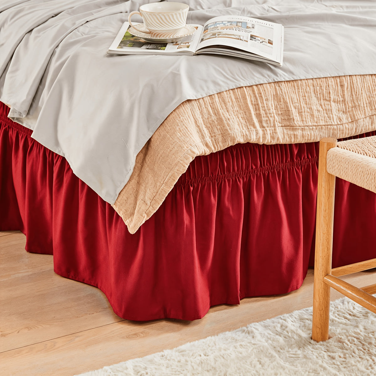 Elastic Wrap Around Bed Skirt No-Lift, 15 Inch Drop Microfiber Dust Ruffle, 30 Fade-Resistant Colors, Machine Washable, Twin Full Queen King Size