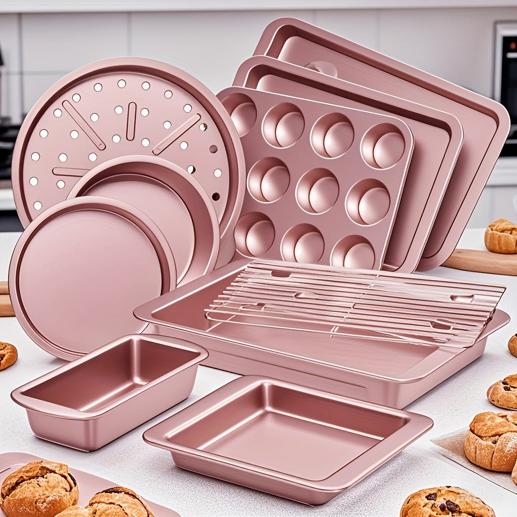 10-Piece Non-Stick Carbon Steel Bakeware Set – Cookie Sheet, Muffin Tray, Pizza Pan, Cake Tin & Roasting Dish, Complete Oven Baking Pans for Home Kitchen, Standard, Pink & Black