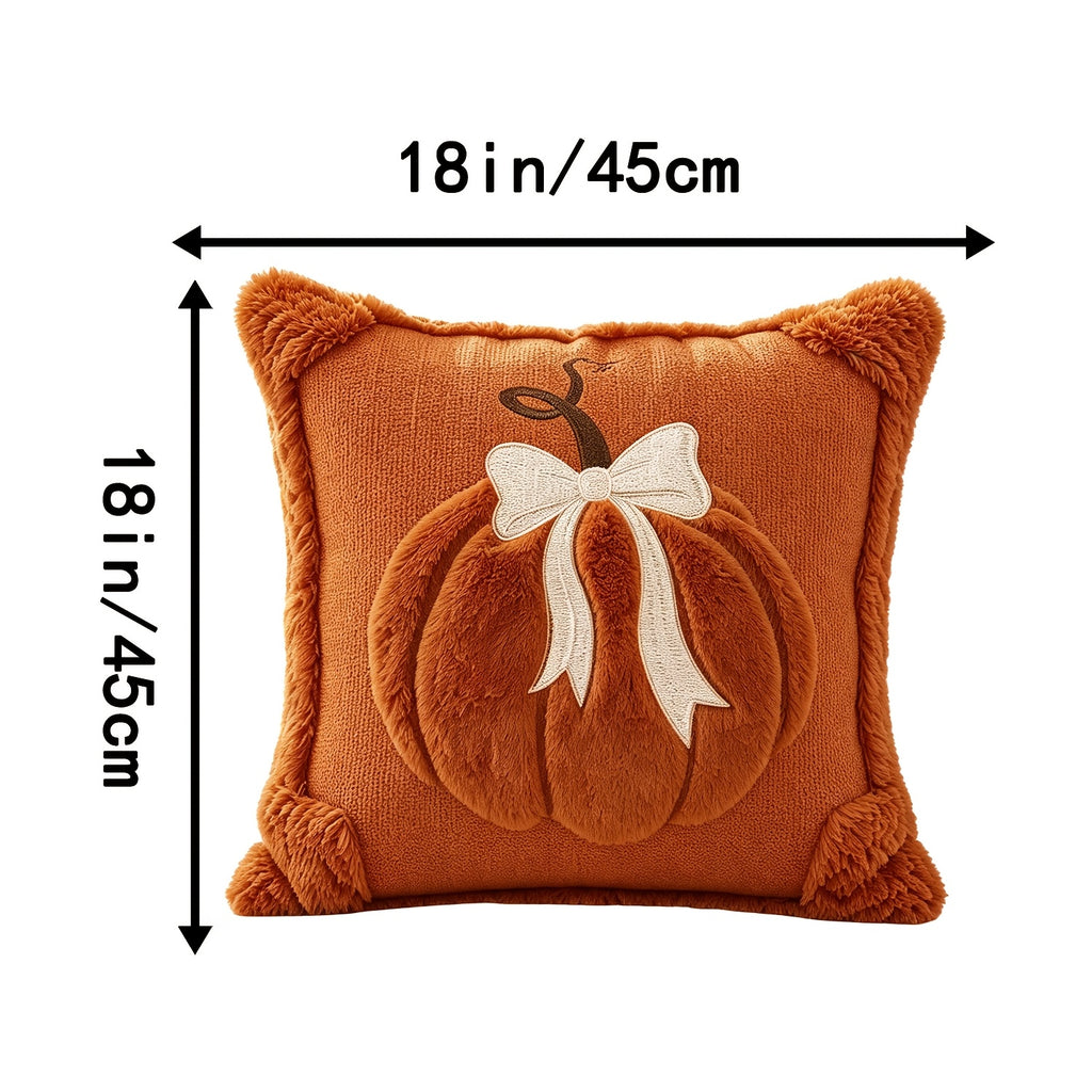 Plush Pumpkin Bow Pillow Covers Set of 2, 18x18 Inch Soft Seasonal Pillowcases for Thanksgiving, Halloween & Christmas – Decorative Throw Pillow Covers for Sofa Bed Home Decor, Beige & Caramel