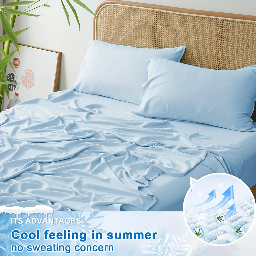 Cooling Bamboo Bed Sheet Set 4-Piece - Soft Lightweight Breathable Deep Pocket 16" Fitted Sheet, Flat Sheet & 2 Pillowcases, Machine Washable Summer Bedding, Twin Full Queen King, 12 Colors