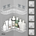 Wall-Mounted Corner Bathroom Storage Rack Set 7-Piece No-Drill Triangular Shelf with 5 Transparent Hooks, Space-Saving Bathroom Organizer for Shower, Toilet & Kitchen – White & Black