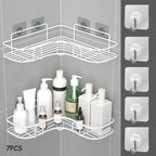 Wall-Mounted Corner Bathroom Storage Rack Set 7-Piece No-Drill Triangular Shelf with 5 Transparent Hooks, Space-Saving Bathroom Organizer for Shower, Toilet & Kitchen – White & Black