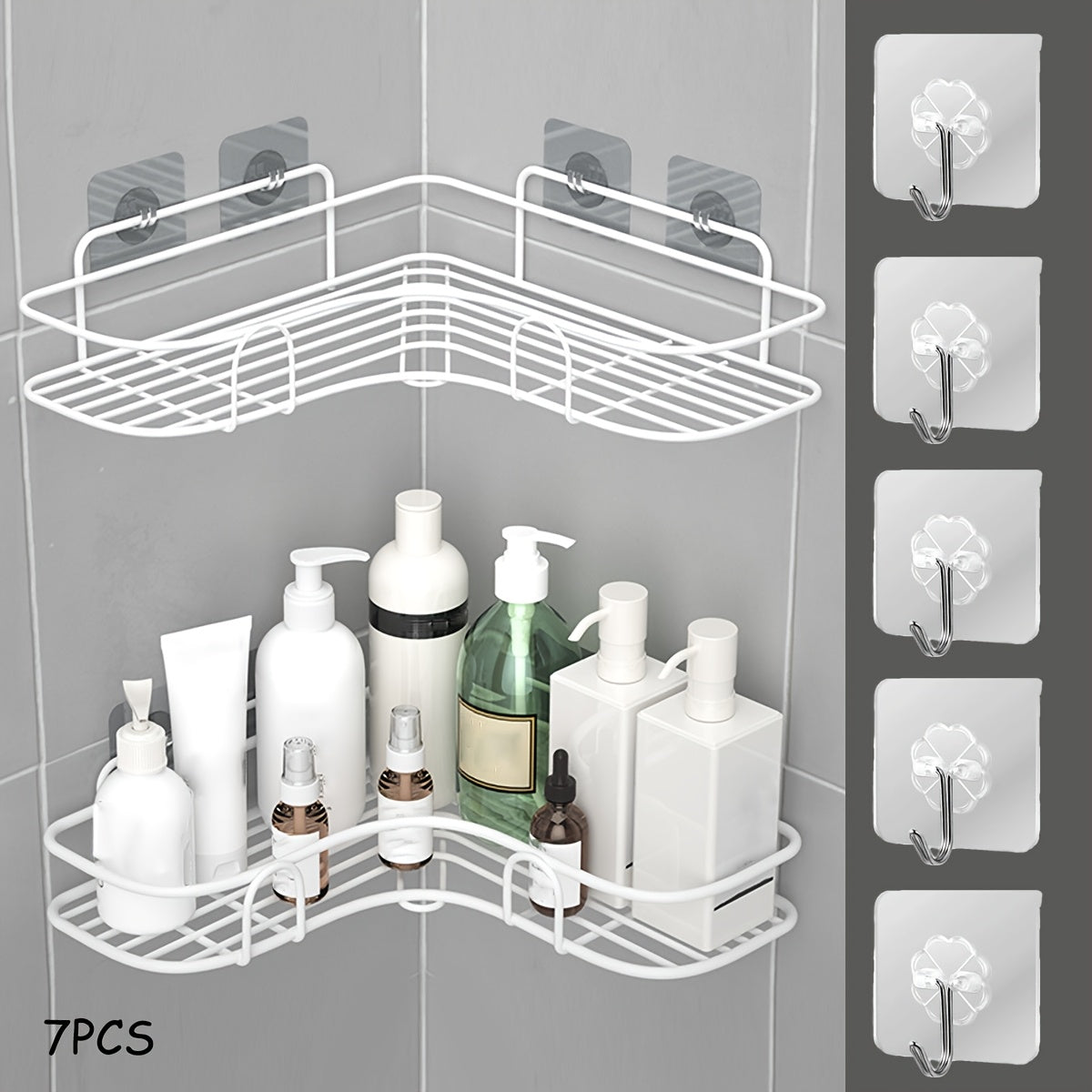 Wall-Mounted Corner Bathroom Storage Rack Set 7-Piece No-Drill Triangular Shelf with 5 Transparent Hooks, Space-Saving Bathroom Organizer for Shower, Toilet & Kitchen – White & Black