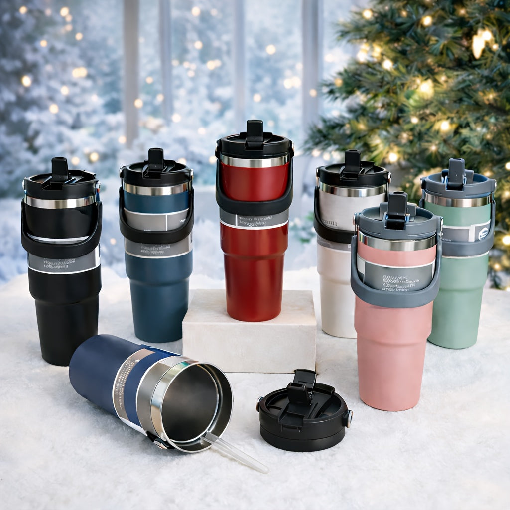 30oz Stainless Steel Insulated Tumbler 6-Pack with Handle, Lid & Straw – Double Wall Vacuum Travel Cups, Colorful Gift Set for Coffee, Cold Drinks & Daily Use | Black, Red, White & More
