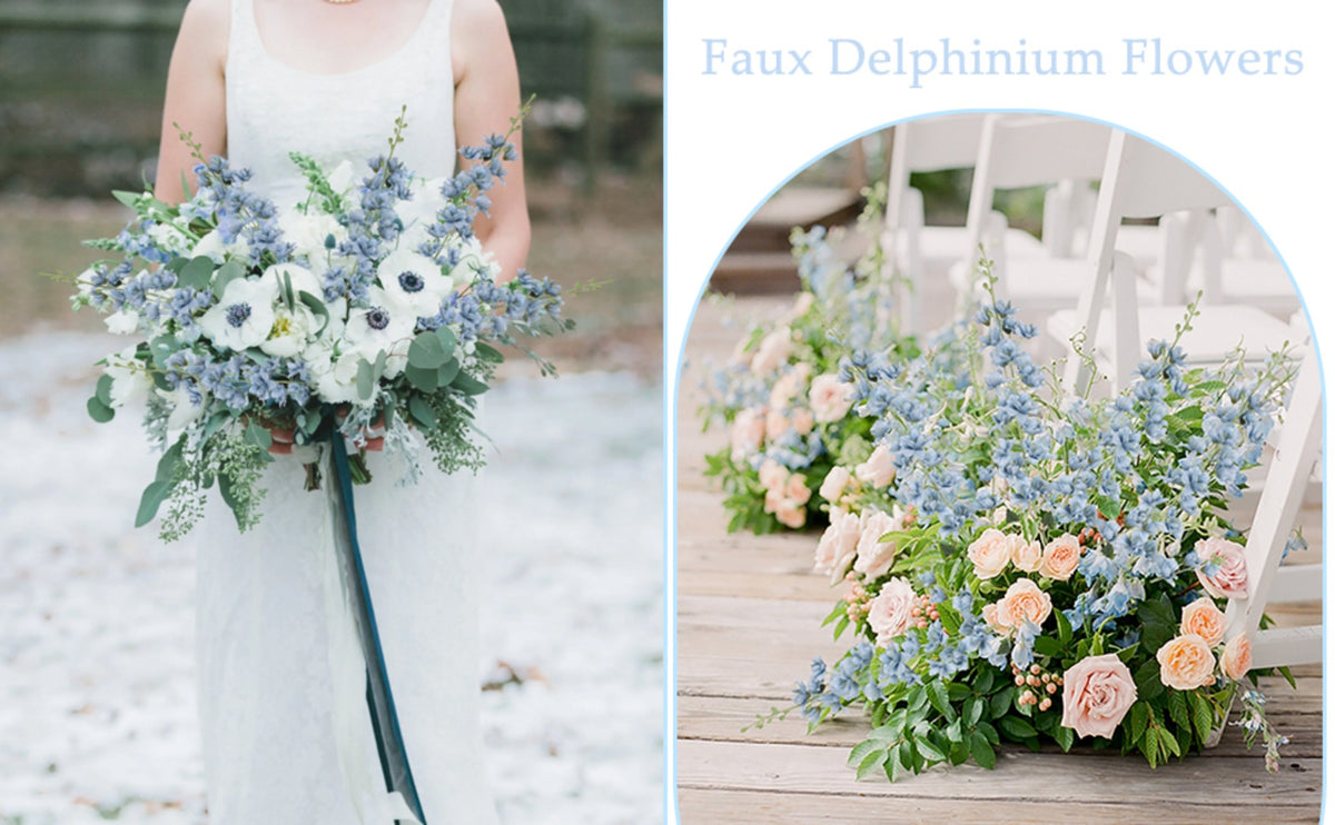 Faux Delphinium Larkspur Stems 8pcs 33.5 Inch Artificial Flowers for Wedding Table Centerpiece Bridal Bouquet Home Garden Vase Floral Arrangement Decor in Dusty Blue Pink Purple Orange