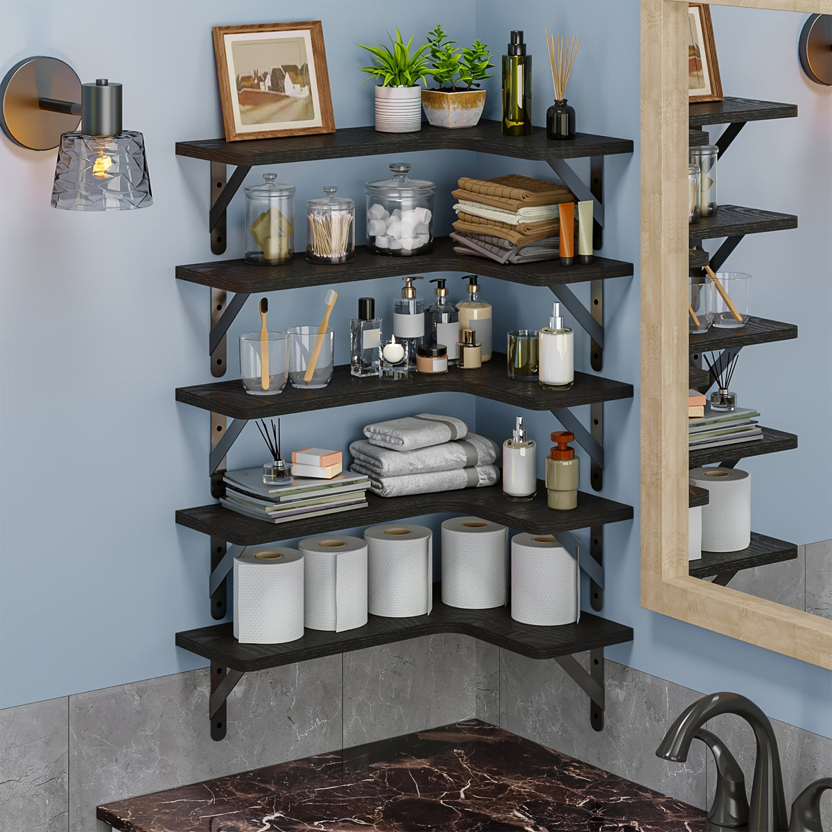 Corner Floating Wall Shelves 5 or 6-Pack – Rustic Heavy Duty Wall Mounted Corner Shelf Set for Bedroom, Living Room, Bathroom, Kitchen & Office Decor, Multiple Colors Available