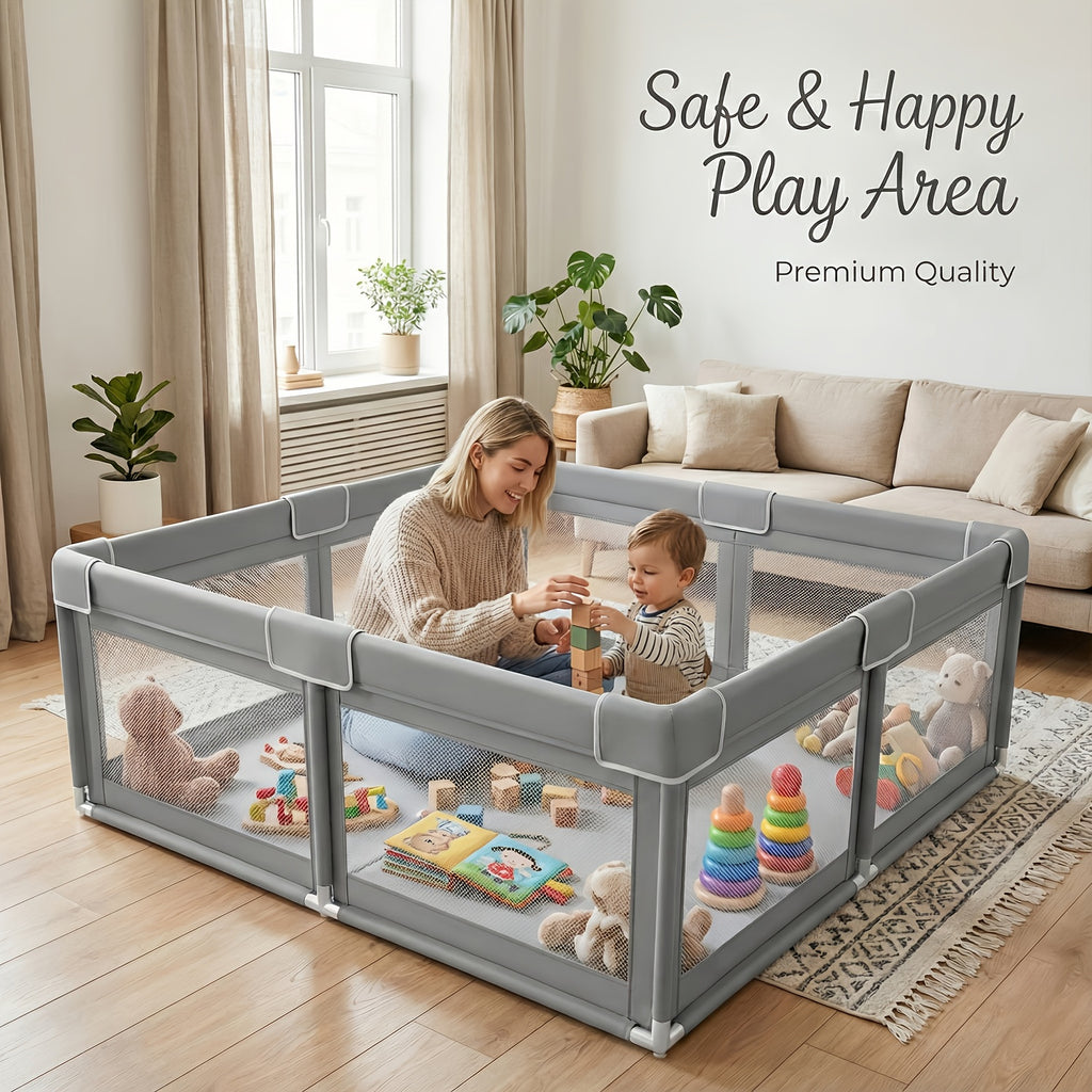 Baby Playpen 50x50 Inch Play Pen for Babies Toddlers Indoor Outdoor Baby Fence Play Yard Breathable Mesh Anti-Fall Safe Activity Center Grey