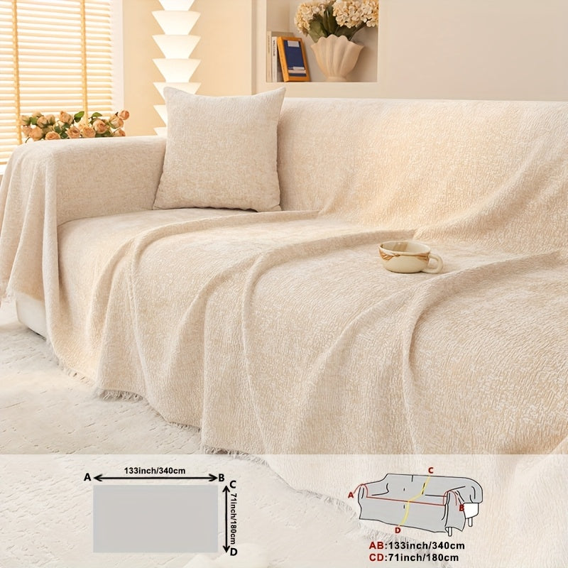 Soft Chenille Sofa Throw Cover with Fringes Durable Pet-Friendly Solid Couch Protector Slipcover for Living Room Sectional Armchair Home Decoration