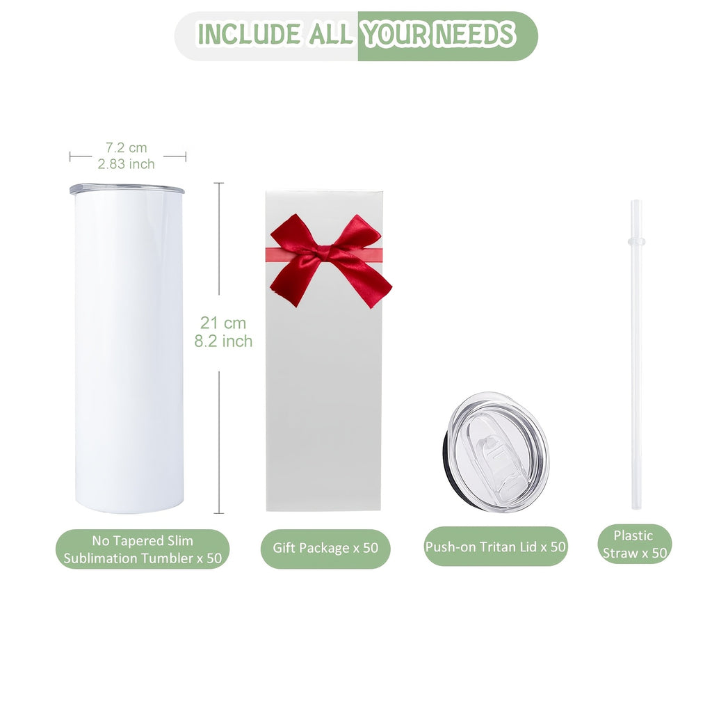 20oz Sublimation Tumblers Bulk 25 or 50 Pack – Skinny Straight Stainless Steel Insulated Sublimation Blanks with Lid & Straw, Gift Box Included
