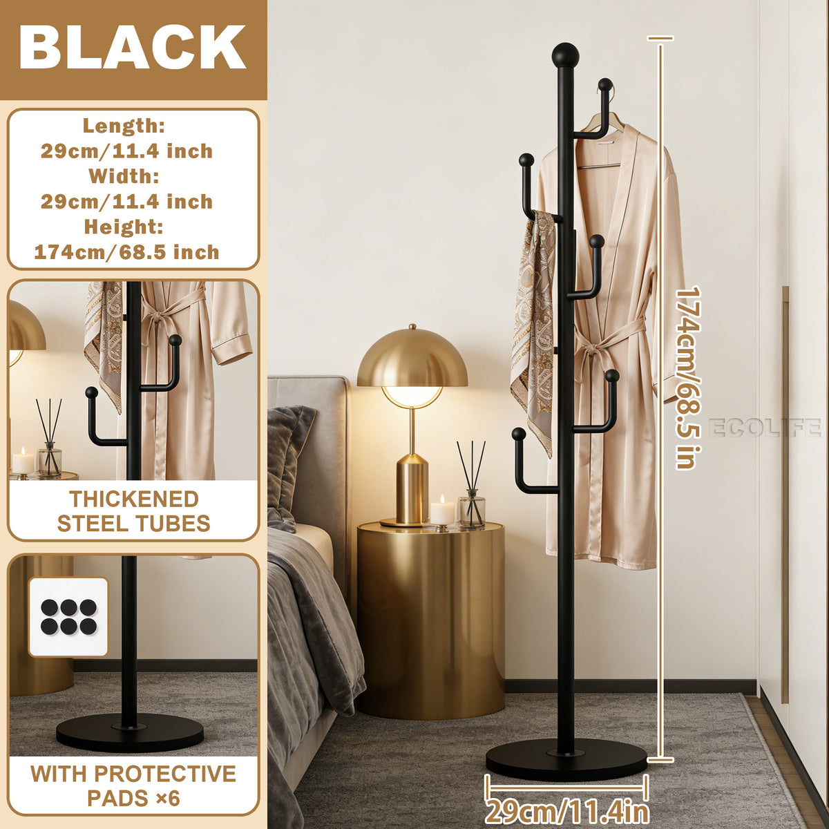 Rotating Coat Rack with Storage Basket and 6 Hooks 4 Wheels Freestanding Entryway Organizer for Coats Hats Bags