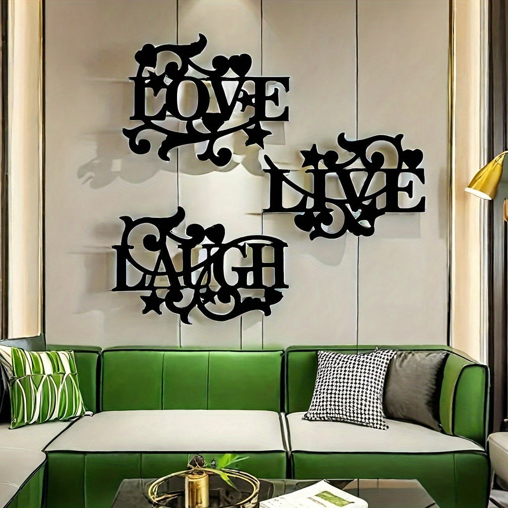 Black Metal Wall Art Love Life Laughter 3 Piece Letter Sign Silhouette Wall Decor for Living Room Bedroom Kitchen Modern Home Decoration