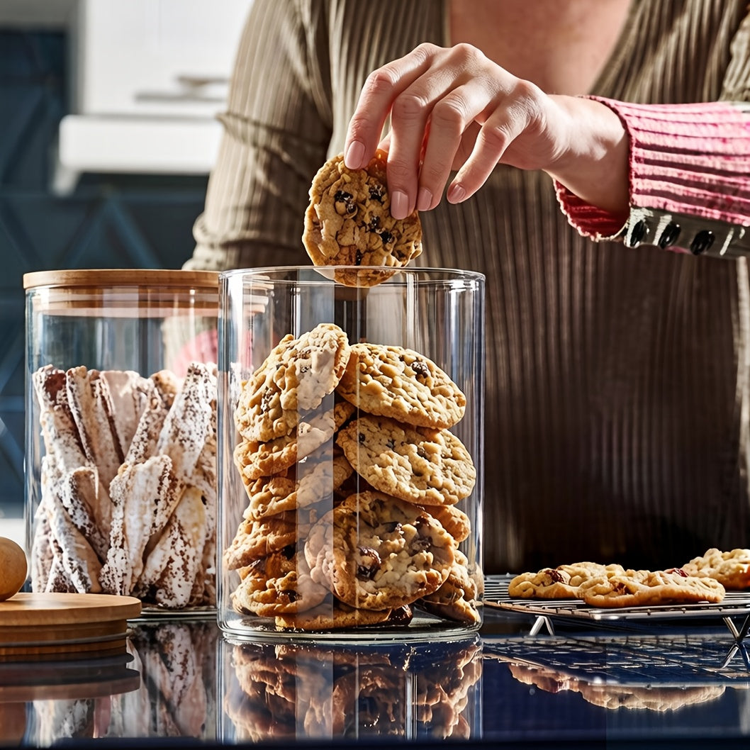 Glass Canisters for Kitchen Counter Set of 2 Large 101oz Airtight Lids, Wooden Lid Cookie Jars, Food Storage Containers for Sugar, Flour, Pasta, Coffee Beans & Candy
