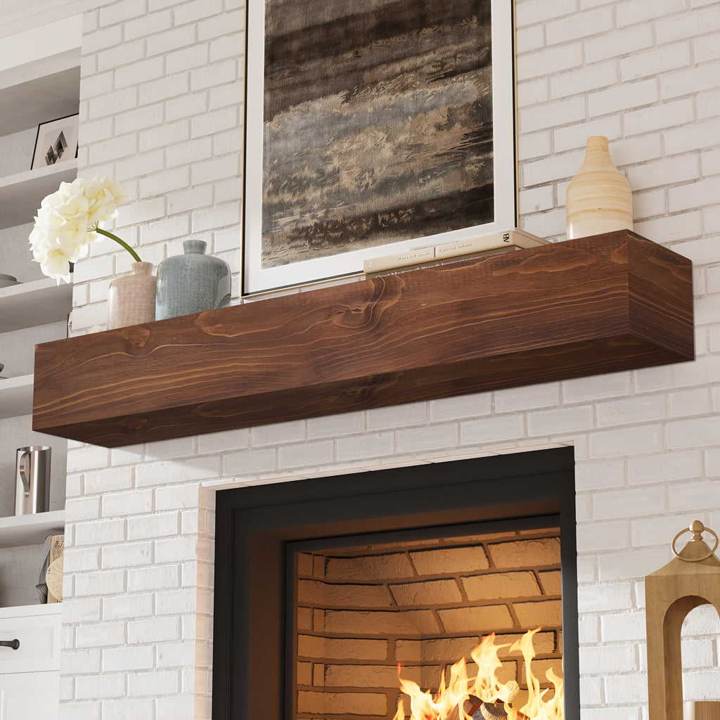 Wood Fireplace Mantel Floating Shelf – Heavy Duty Invisible Bracket | Wall Mounted Mantel for Over Fireplace | 5 Colors, 2 Lengths