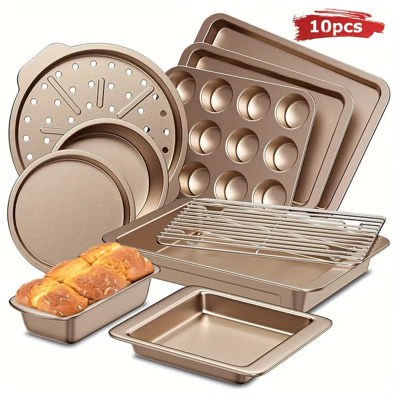 10-Piece Non-Stick Carbon Steel Bakeware Set – Cookie Sheet, Muffin Tray, Pizza Pan, Cake Tin & Roasting Dish, Complete Oven Baking Pans for Home Kitchen, Standard, Pink & Black