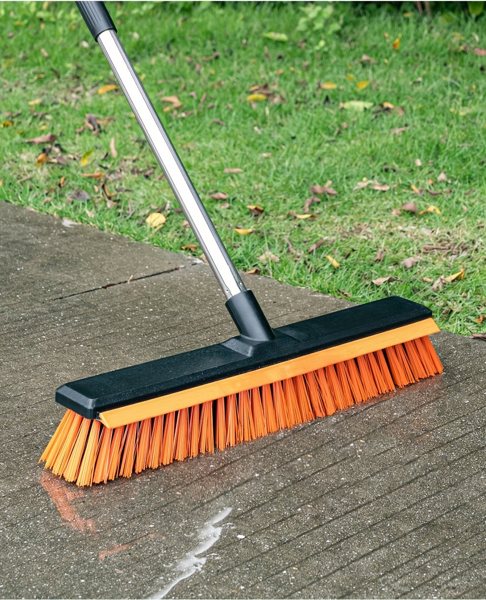 Heavy Duty Outdoor Floor Scrub Brush 10.24" Dual-Purpose with Water Scraper & Stiff Bristles – Hard Broom for Patio, Deck, Driveway & Concrete Cleaning, Home & Commercial Use