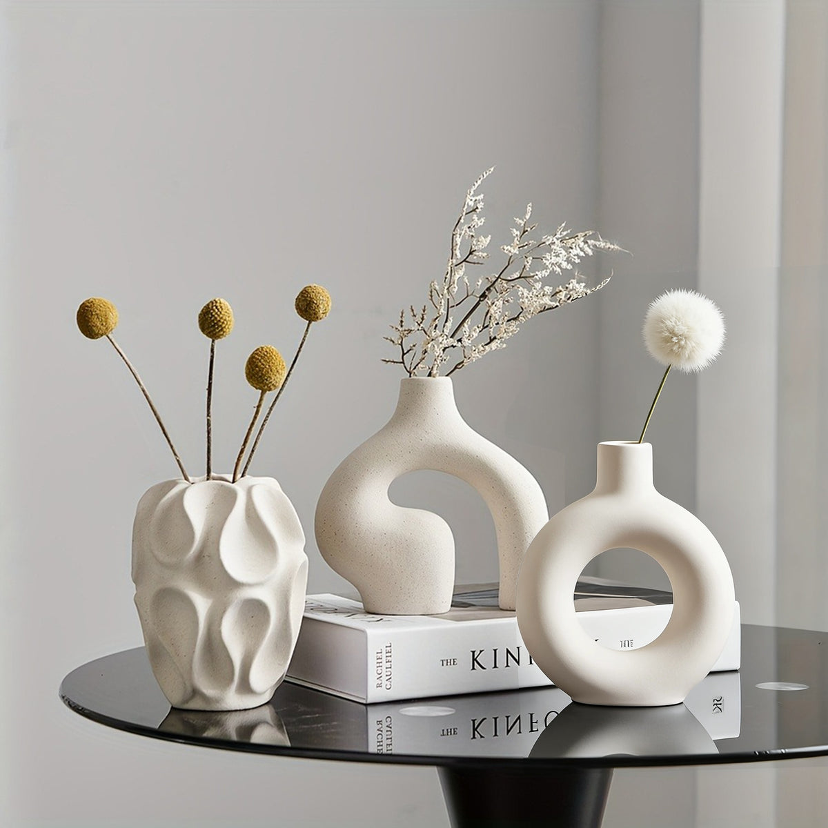 3-Piece Ceramic Vase Set for Home Decor – Bohemian Farmhouse Style Beige Decorative Vases for Pampas Grass, Living Room, Bedroom, Kitchen, Entryway & Mantel