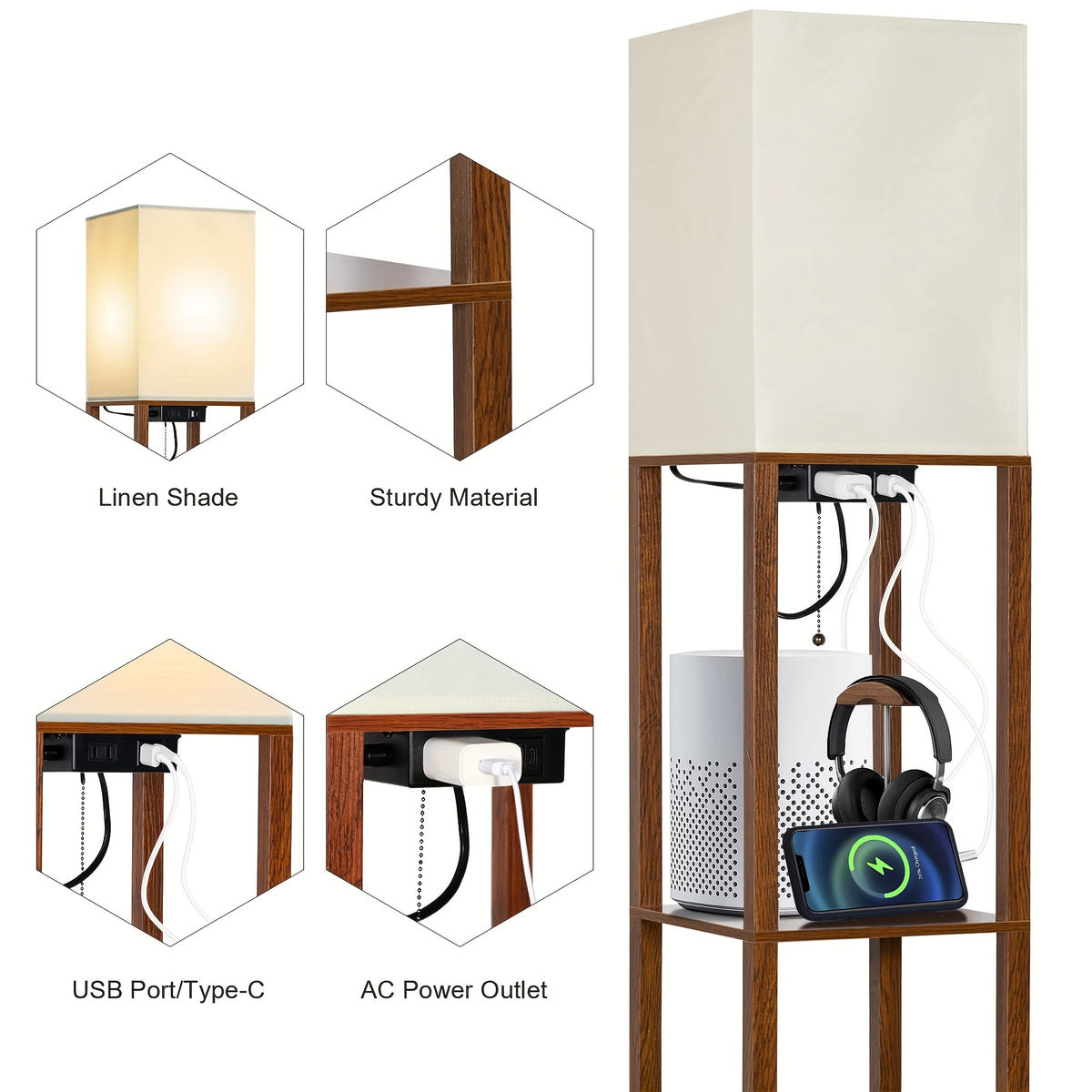 Floor Lamp with Shelves USB & Type-C Charging Port – Modern Column Standing Lamp with 9W LED Bulb, 3 Color Temperatures, AC Power Outlet for Living Room Bedroom Office