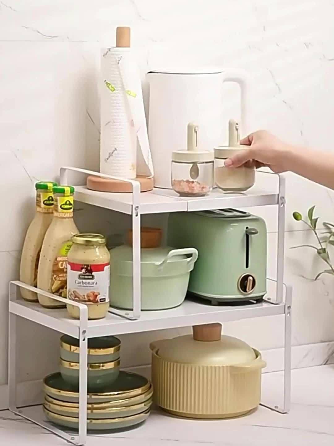 Expandable Cabinet Shelf Organizer Riser – Adjustable Height Kitchen Storage Rack for Pantry, Cupboard, Under Sink & Countertop | Heavy Duty Metal | Space Saver Stackable Shelf | Black & White