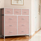 9 Drawer Fabric Dresser with Bins – Tall Chest of Drawers Organizer for Bedroom Closet Hallway Nursery, Steel Frame Wood Top Easy Pull Handles