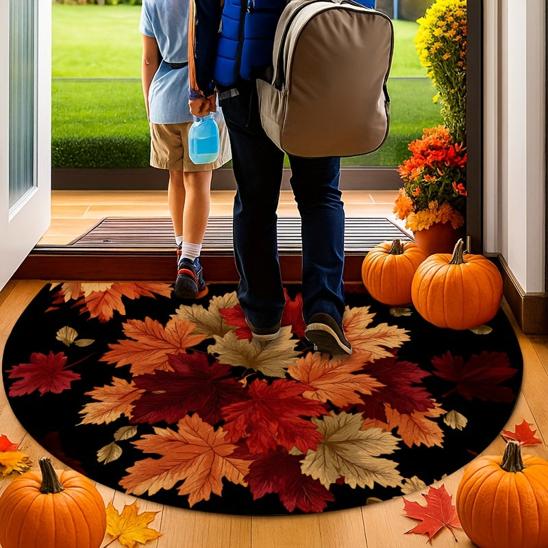 Fall Leaves Doormat Half-Round Non-Slip Indoor Outdoor, Red Orange Gold Autumn Leaf Design for Entryway Front Door Kitchen, 2 Sizes Thanksgiving Home Decor