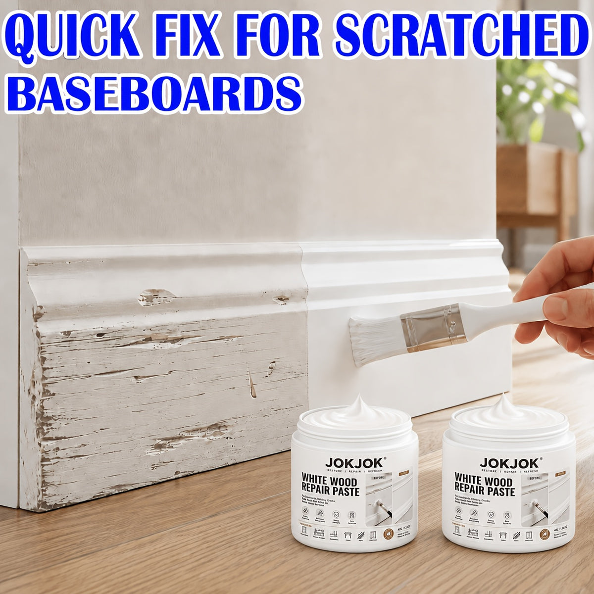 White Wood Repair Paste Kit with Paint Brush – Touch-Up Filler for Baseboards, Cabinets, Doors, Furniture & Wall Trim | Covers Scratches, Chips, Scuffs & Faded Spots | 2 or 3 Piece Set