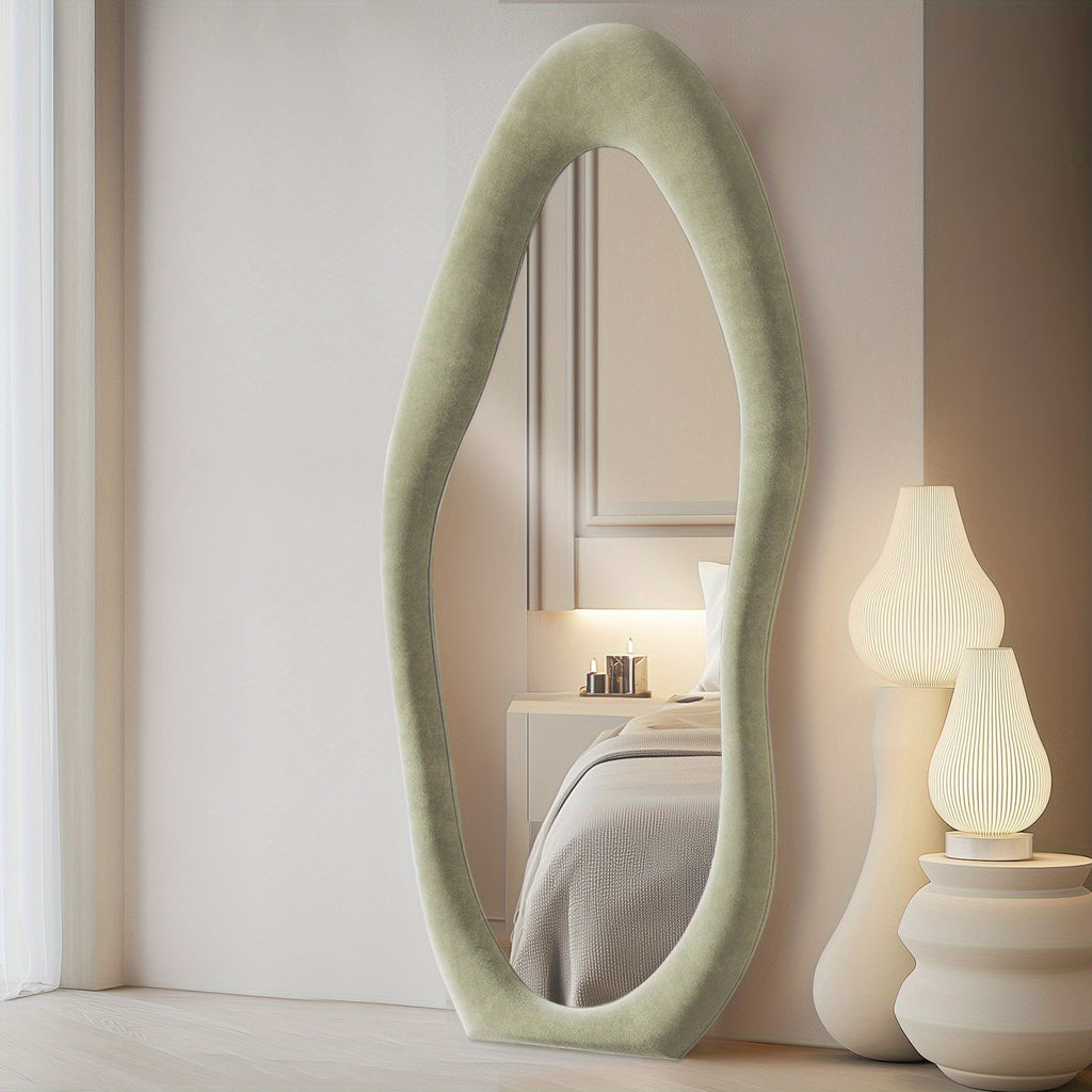 Full Length Mirror 63x24 Inch Irregular Body Floor Mirror with Flannel Frame Leaning Wall Hanging Mirror for Bedroom Entryway Living Room
