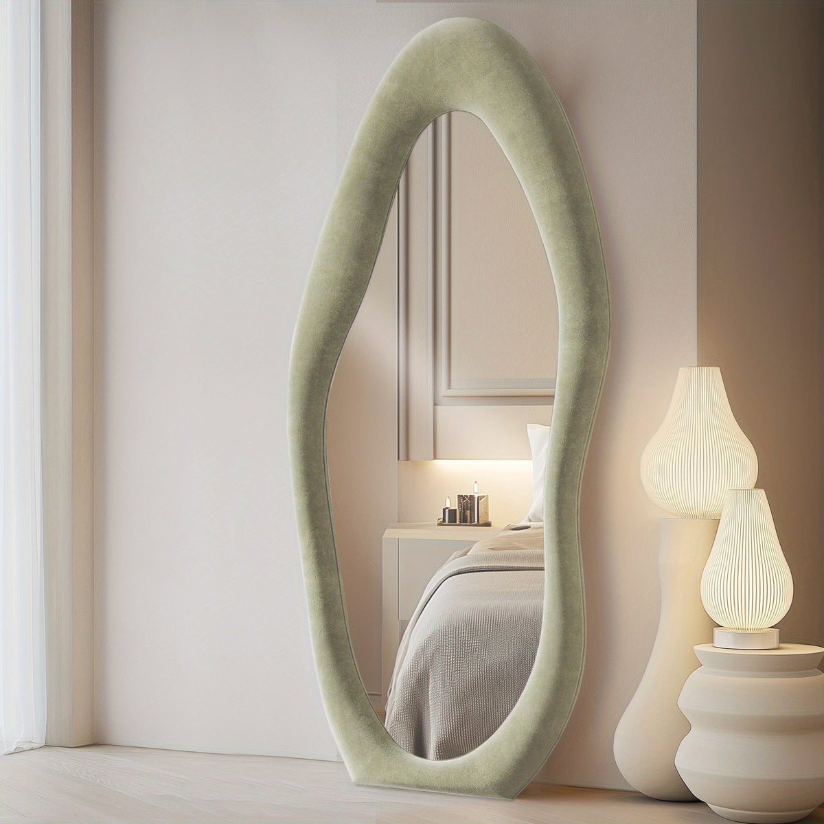 Full Length Mirror 63x24 Inch Irregular Body Floor Mirror with Flannel Frame Leaning Wall Hanging Mirror for Bedroom Entryway Living Room