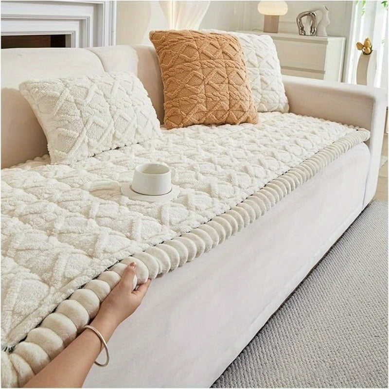 Thick Plush Sofa Cover Mat – Anti-Slip Backing Couch Slipcover, Machine Washable, 1–4 Seater, Living Room Bedroom Office, White Grey Coffee